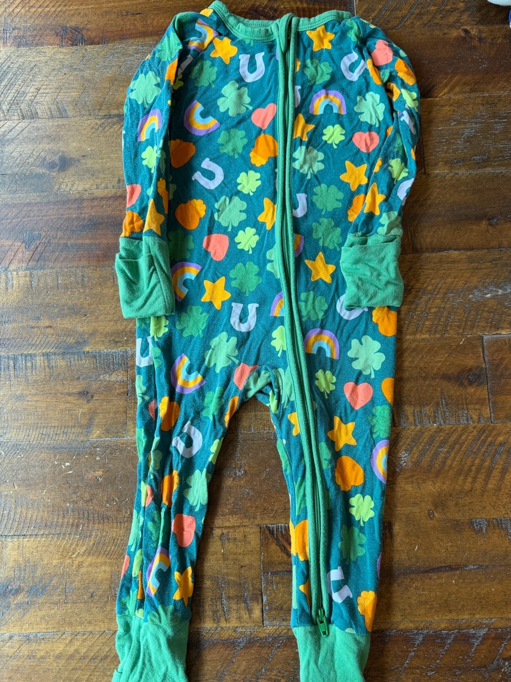 Little Sleepies Green Zip-Up Kids Pajama One-Piece with Shamrocks, 6-12m